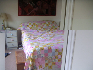 Homemade quilt, made of donated material from friends and family and cheap offcuts from places such at Totnes market and Trago.